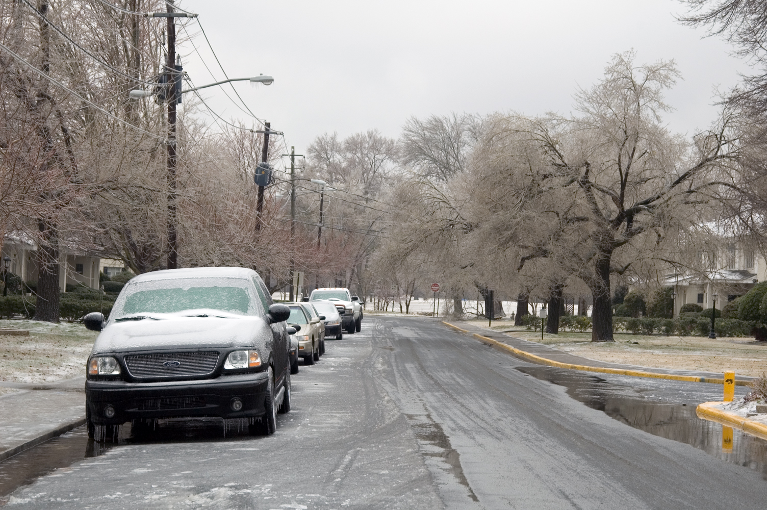 An Atlanta residential street with ice-covered trees arching over the road, cars and rooftops dusted in snow