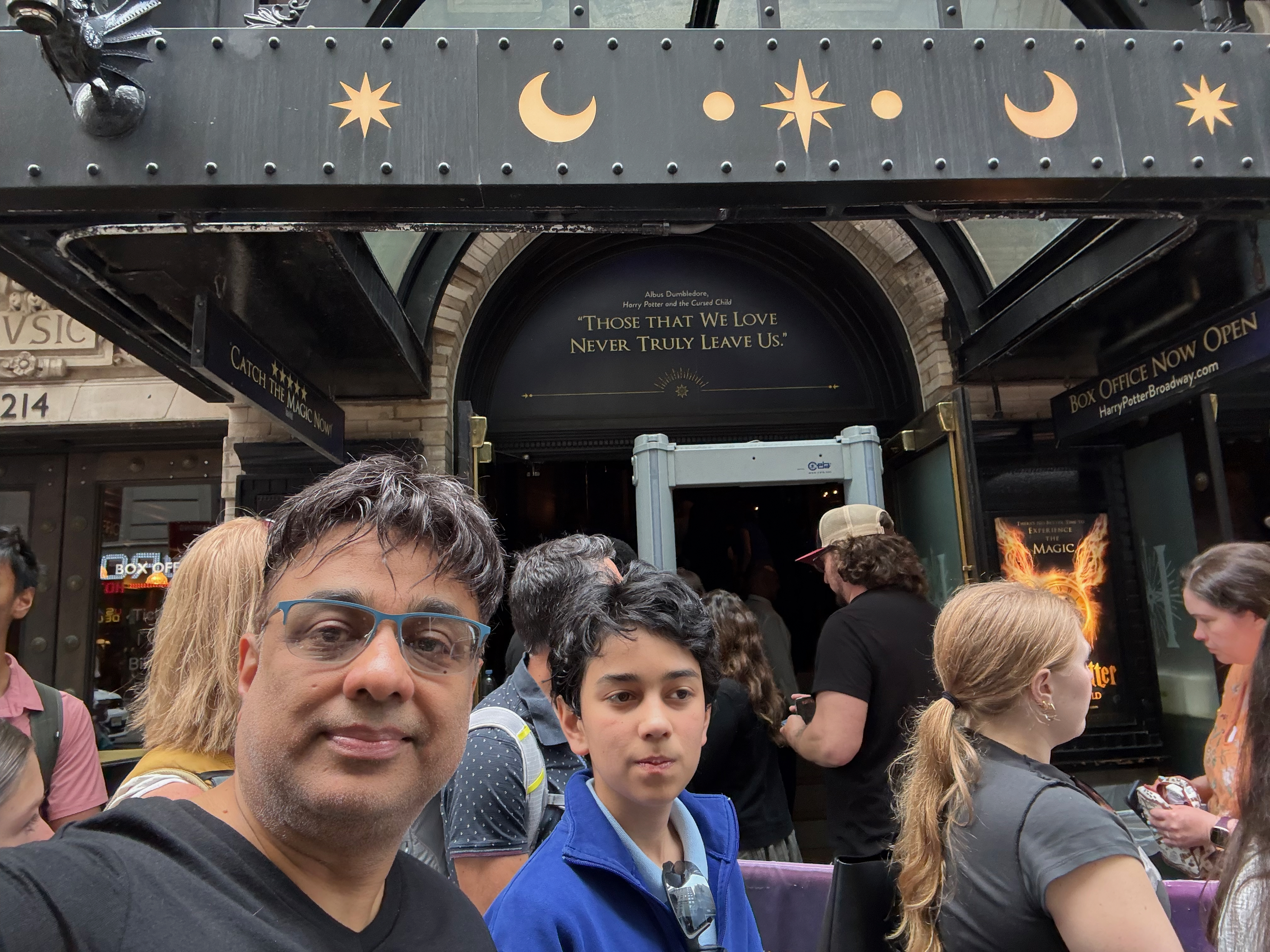 Fitz and me at the entrance to the Lyric Theatre — the marquee reads: Those That We Love Never Truly Leave Us