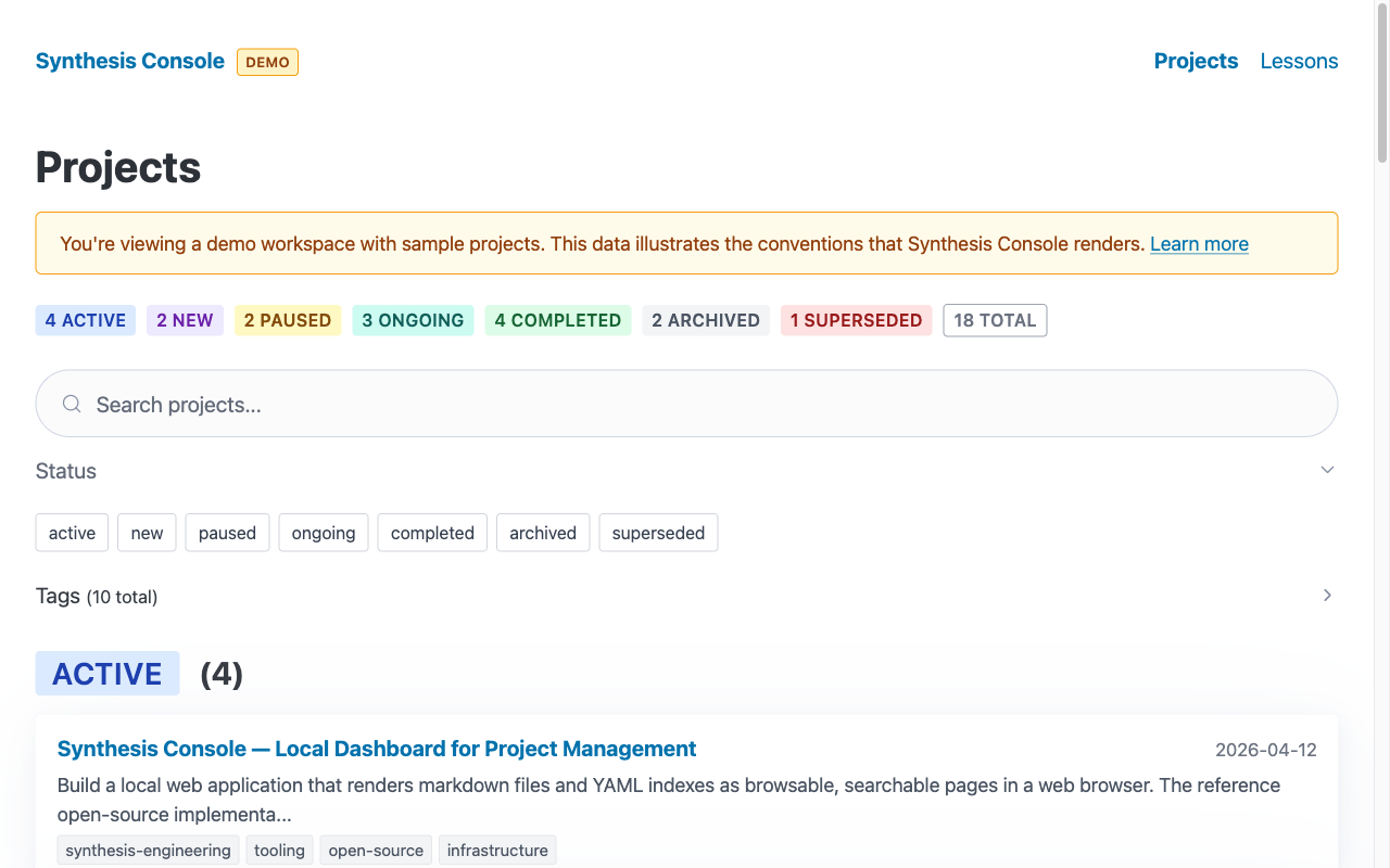 Synthesis Console dashboard showing projects grouped by status with search and filter controls