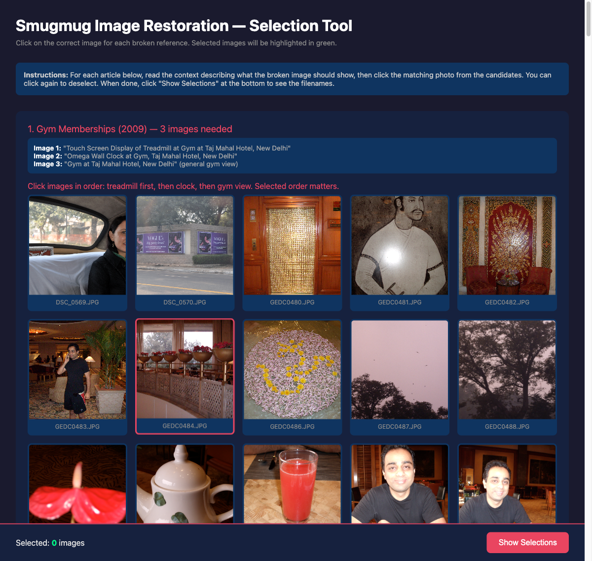 The image selection tool showing candidate photos from the Taj Mahal Hotel morning album