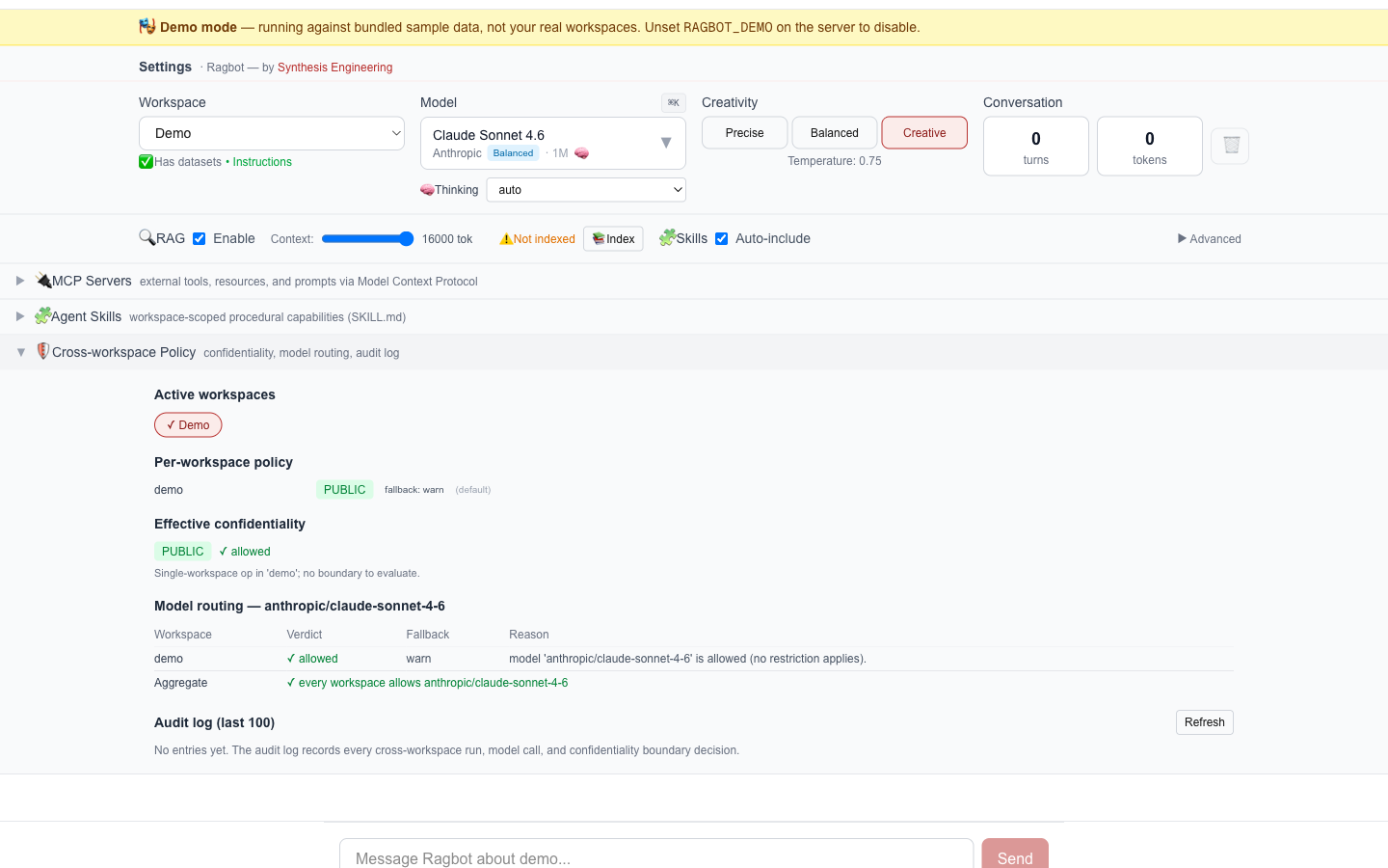 Ragbot's policy panel: active workspaces with per-workspace confidentiality tags, the model-routing verdict per workspace with the aggregate result, and the audit log surface that records every cross-workspace operation.