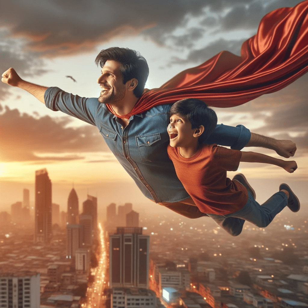Happy Father's Day! I am writing this blog post on a train ride to visit my son. Image generated by Rajiv using AI. A father of Indian origin depicted as a superhero soaring through the sky with a cape fluttering behind him, his son flying beside him