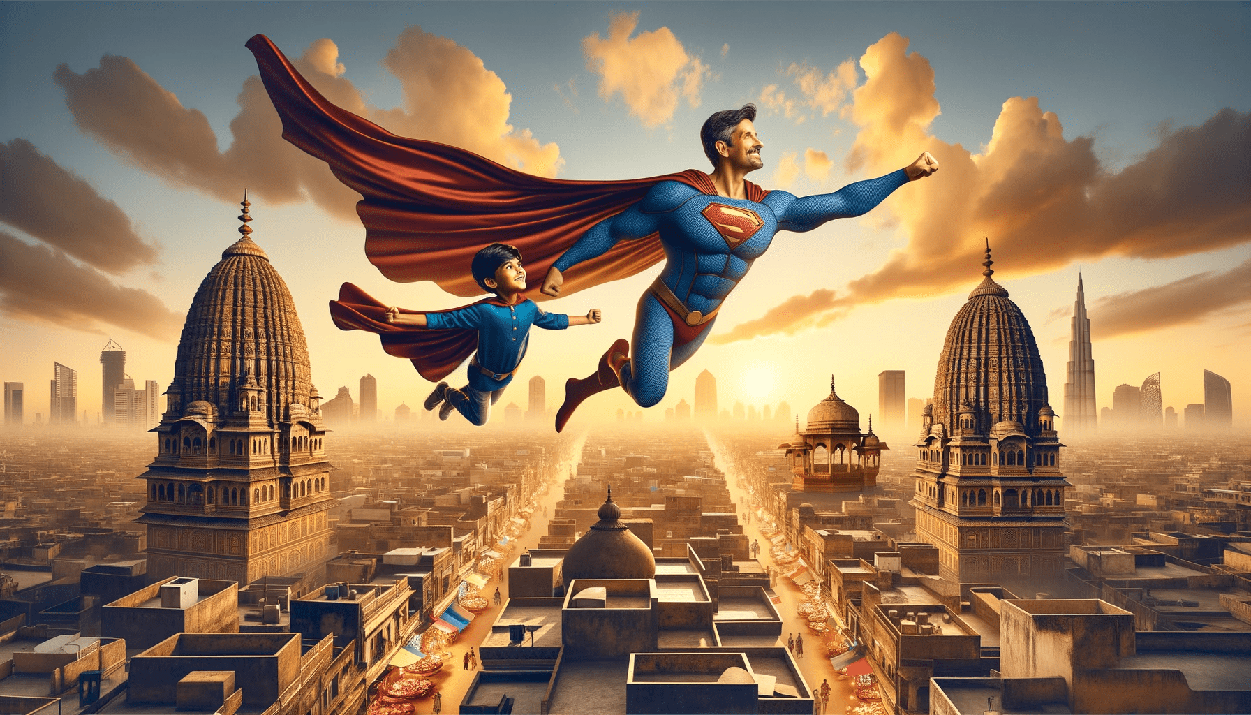 Image generated by Rajiv using AI. Superheroes over a historical Indian metropolis - a superhero father gracefully maneuvering through the sky